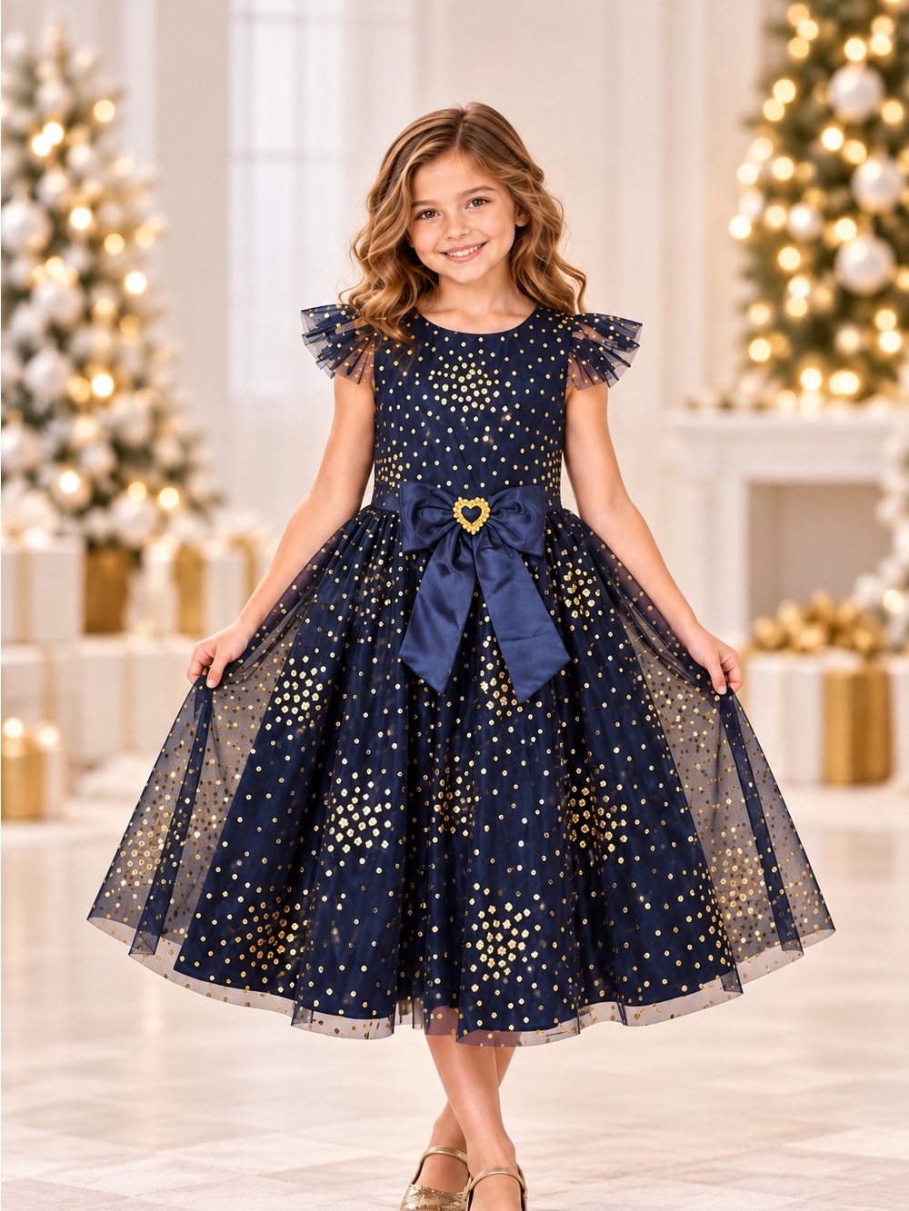 Rare Editions Girls 8 Navy Gold Embroidered Formal Dress EUC